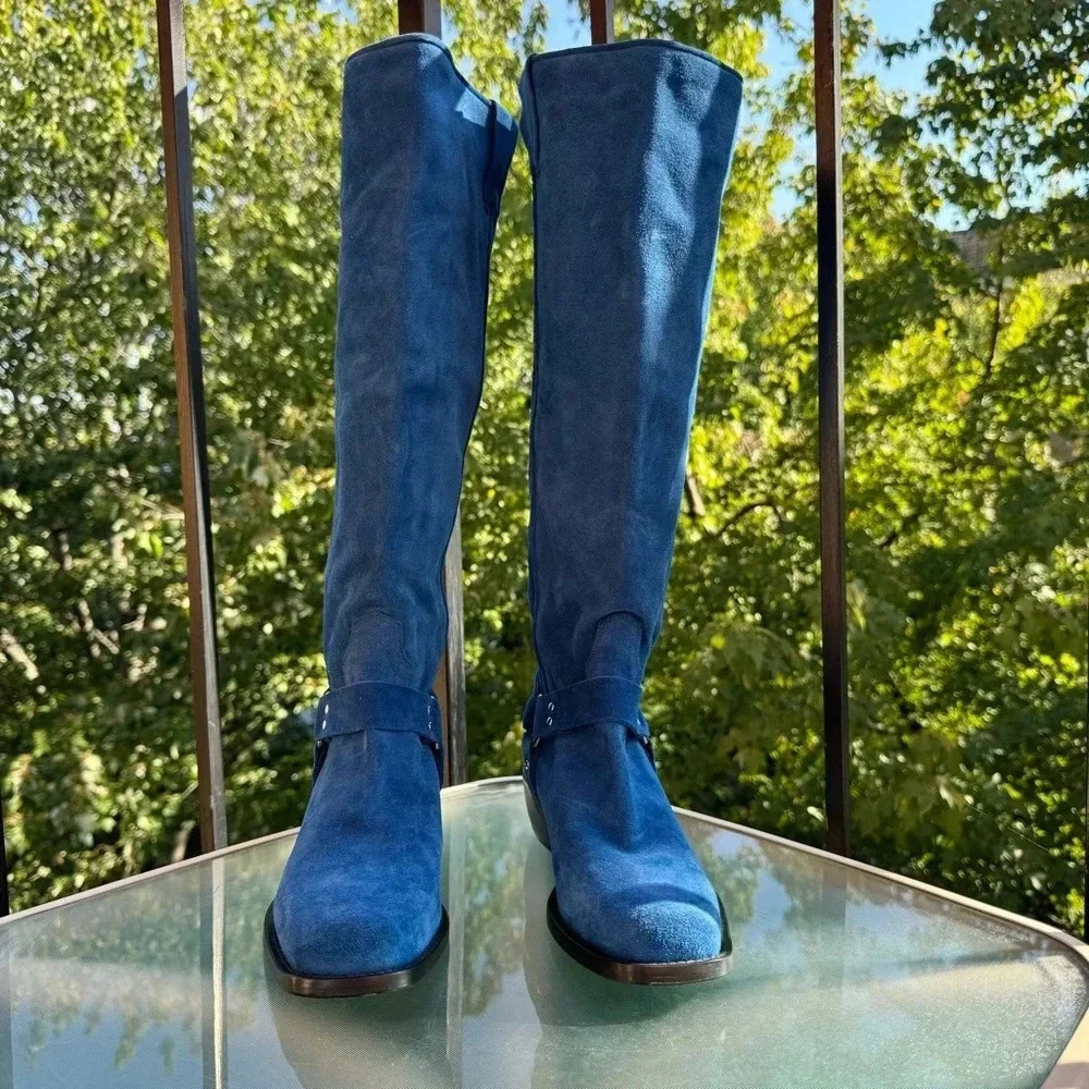 New Free People Suede Knee-High Moto Boots Lockhart Blue Womens Size 6 - Picture 6 of 16